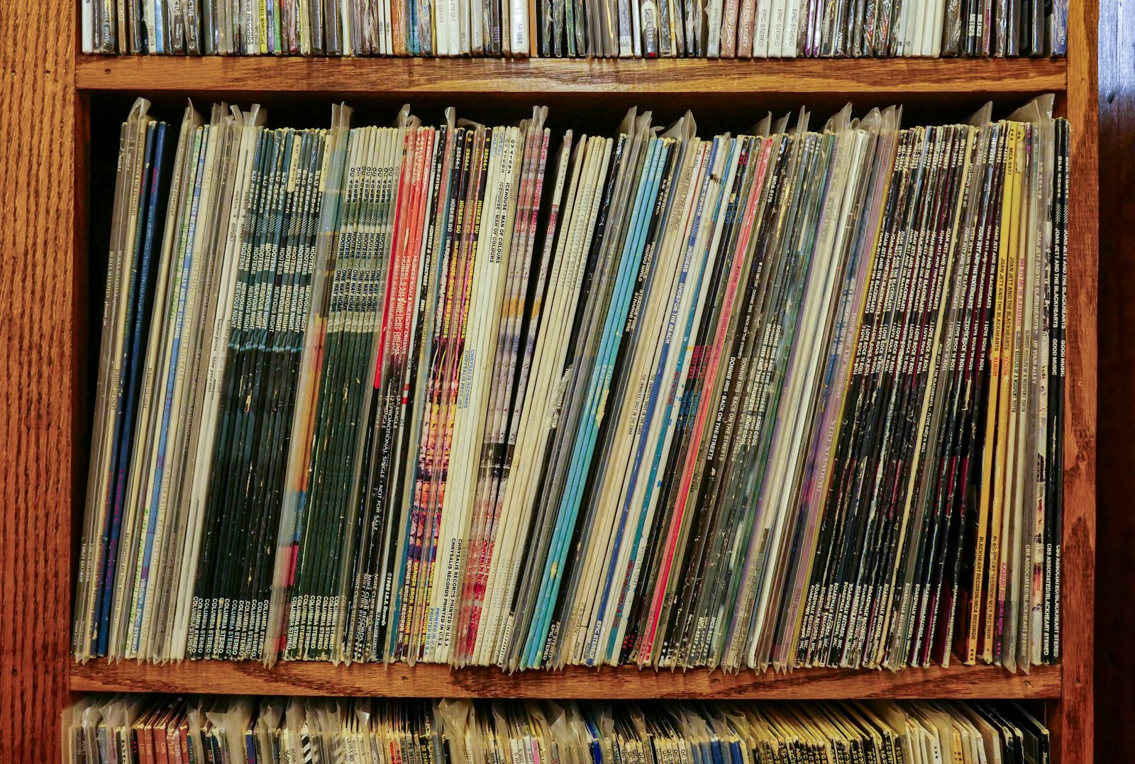 Vinyles rangés debout sur une étagère en bois